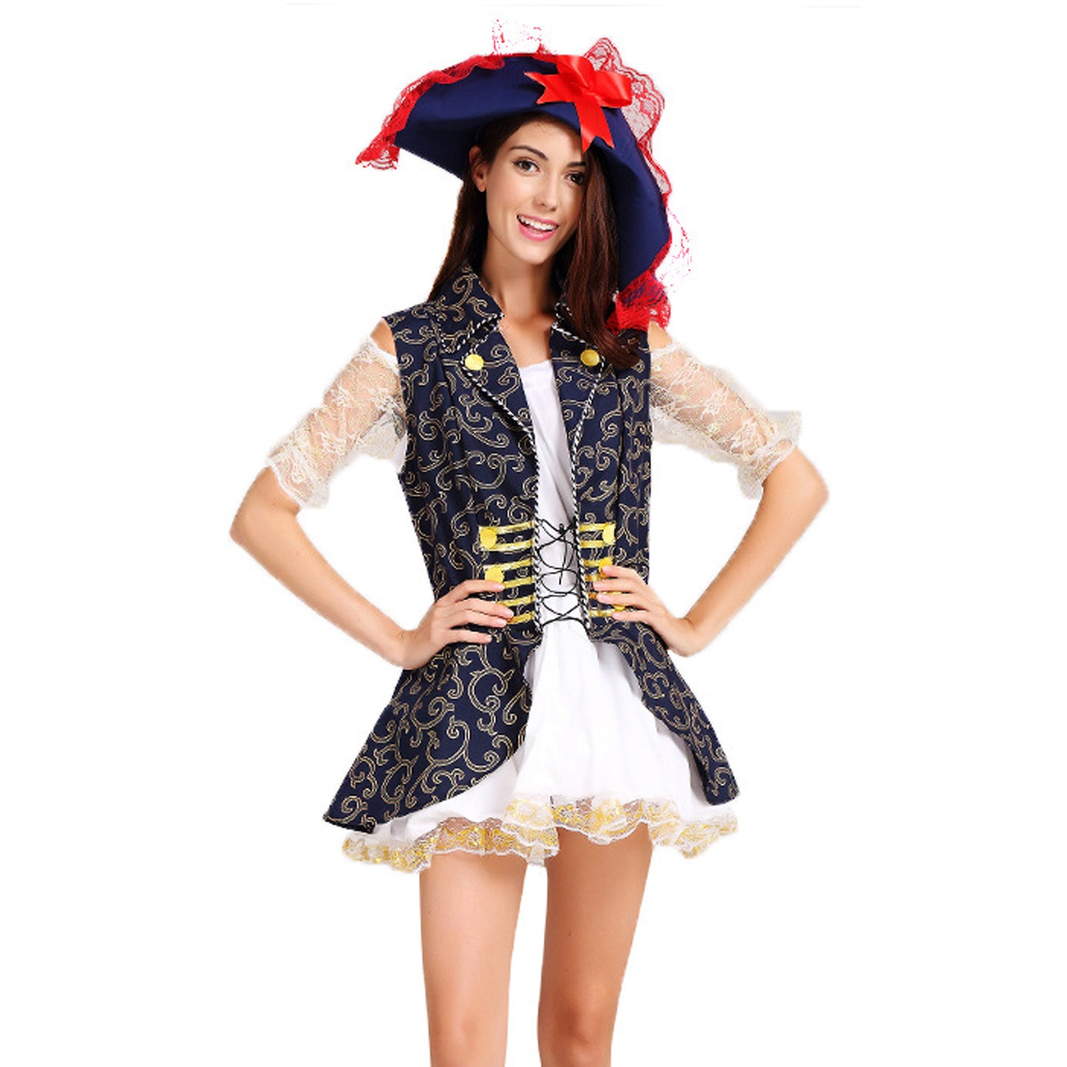Blaues Muster Piratenuniform Kostüm für Party Frauen Halloween