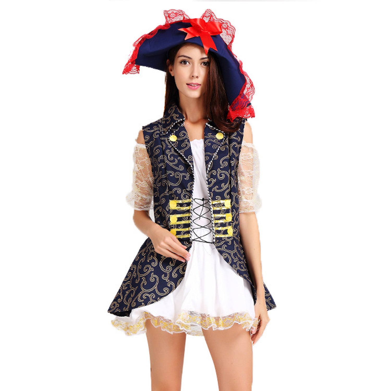 Blaues Muster Piratenuniform Kostüm für Party Frauen Halloween