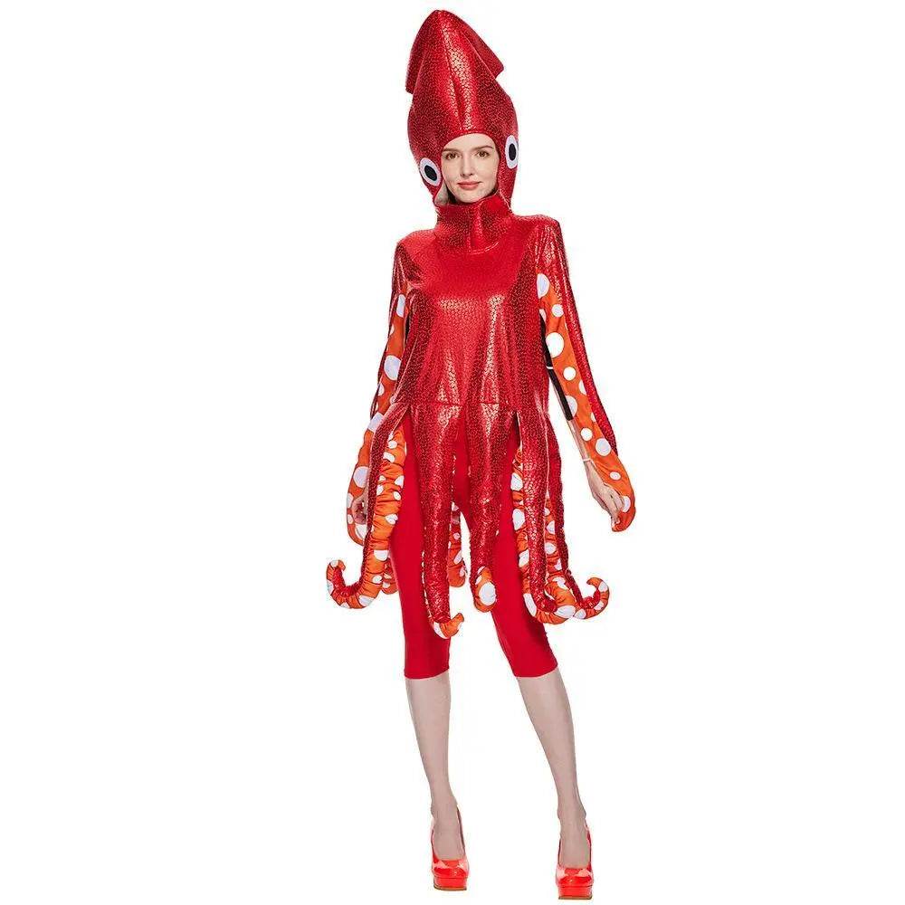 Adult Spoof Squid Costume Red Leggings Jumpsuit Funny Novelty Halloween Cosplay Costume - Ecosfun