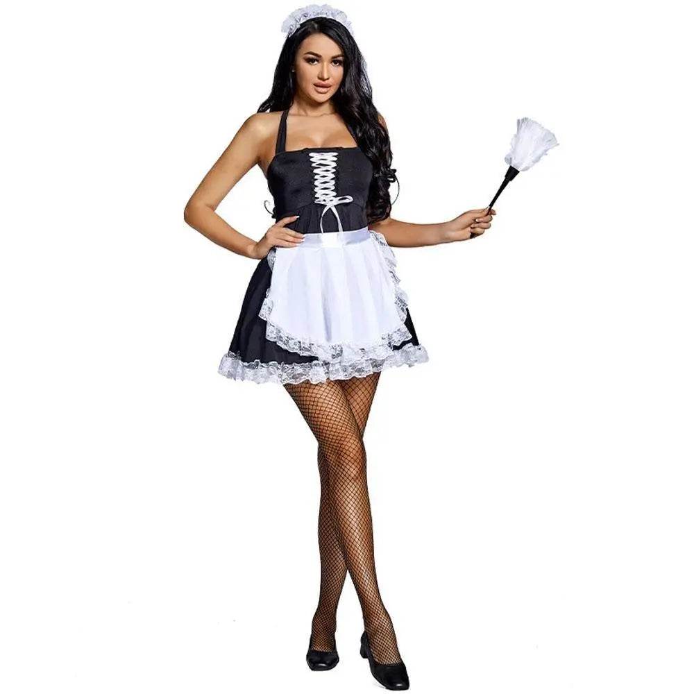 Black and white suspenders Japanese style maid Costume work clothes housekeeper lace short skirt - Ecosfun