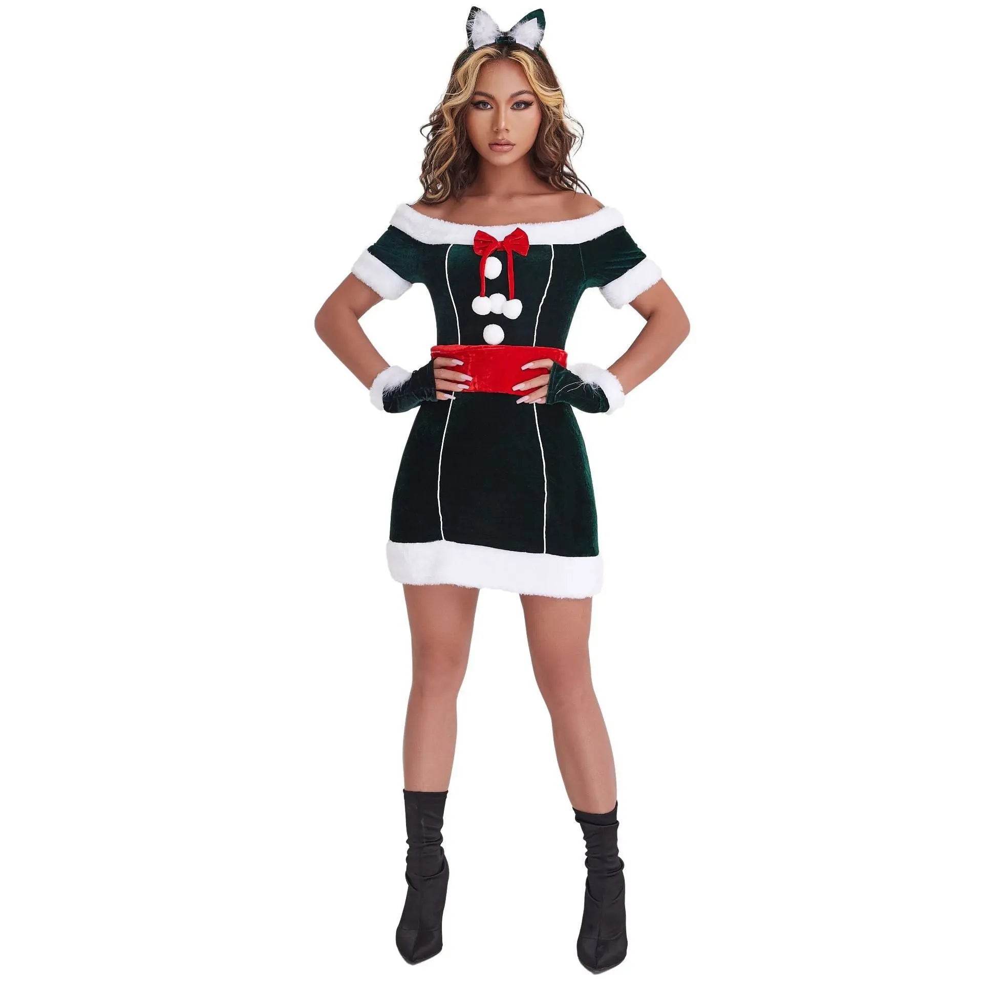 Christmas Off Shoulder Cute Cat Costumes Party Dress - Ecosfun