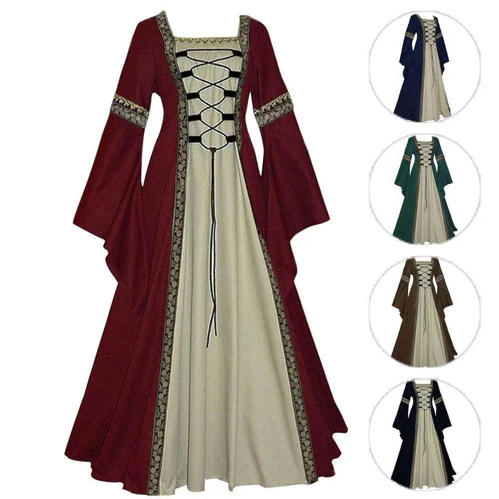 Gothic retro women's Medieval Court Costume Robe large size trumpet sleeve long dress - Ecosfun