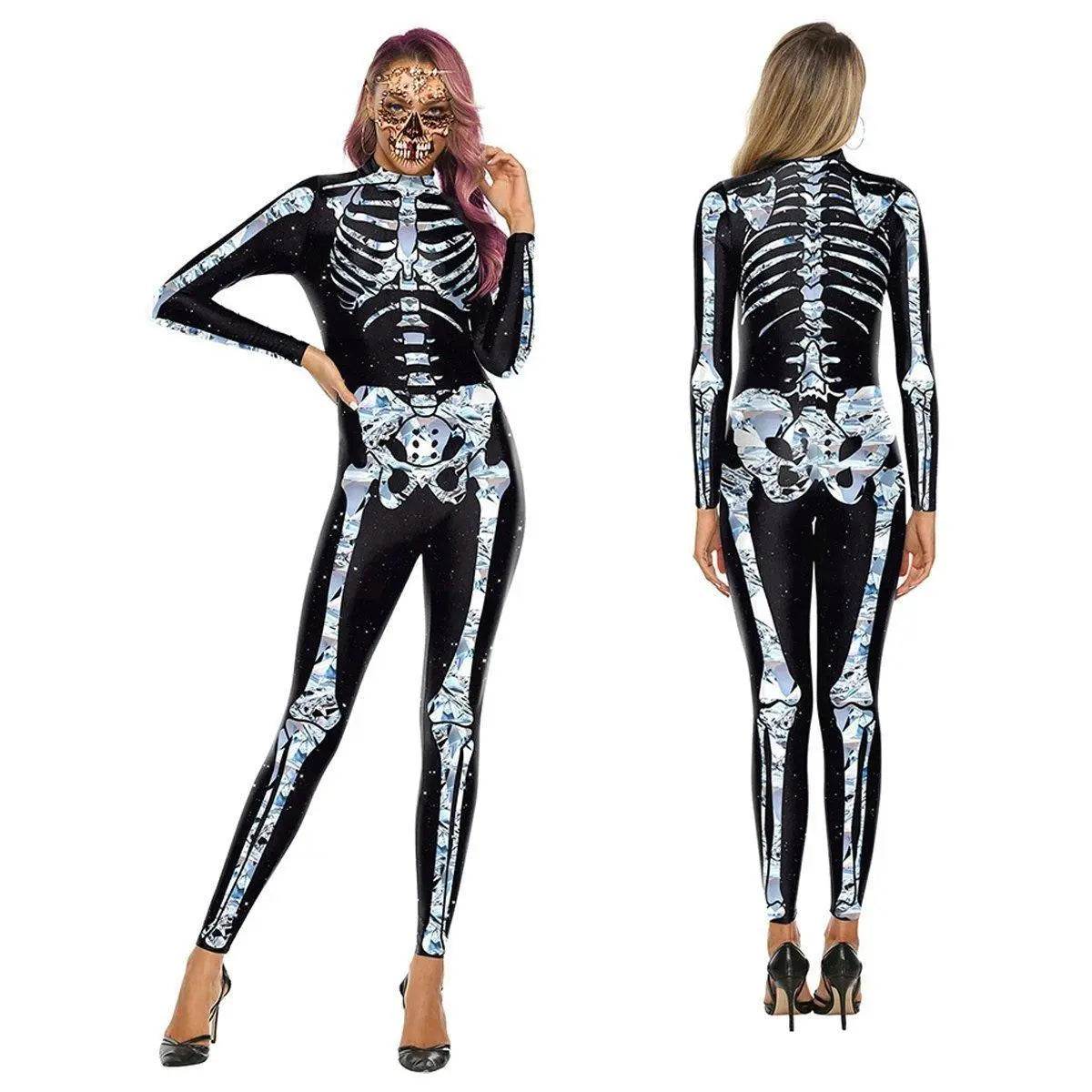 Halloween White Skeleton Elastic Bodycon Jumpsuit Cosplay Costume - Ecosfun