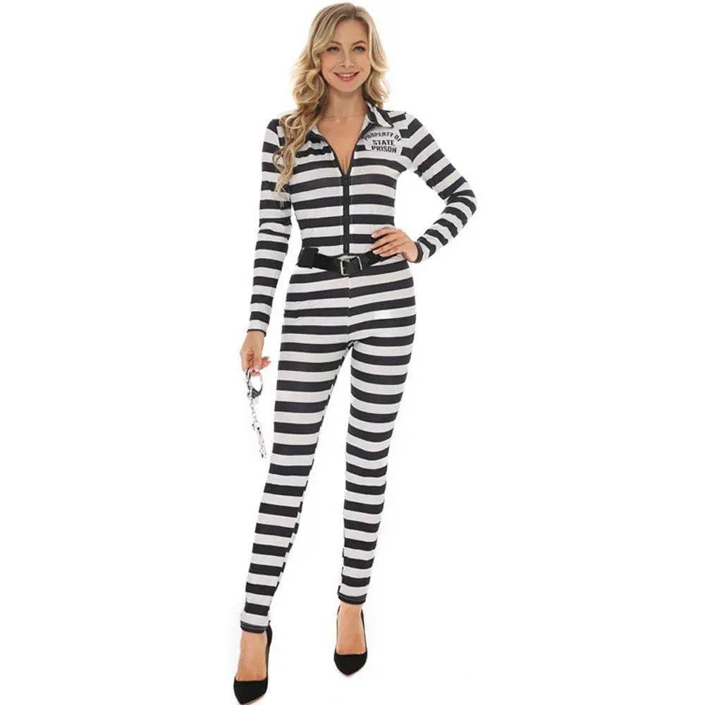 Halloween woman black and white striped prisoner costume - Ecosfun