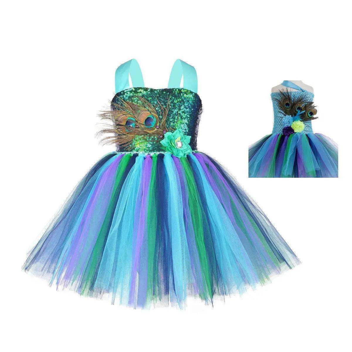 Kids Sequin Peacock Feather Costume Girls Easter Carnival Party Dress - Ecosfun