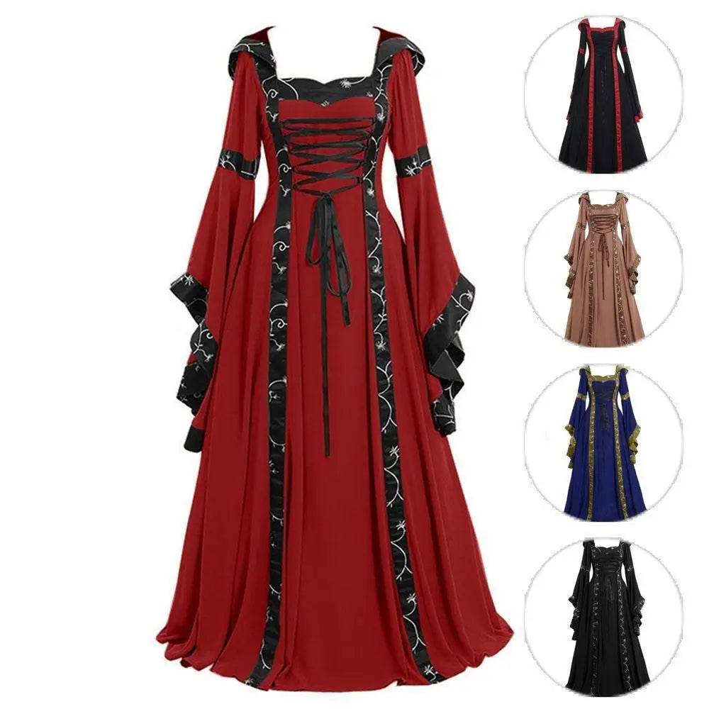 Medieval Retro Hooded Dress Costume Square Neck Tie Trumpet Sleeves Big Swing Skirt - Ecosfun