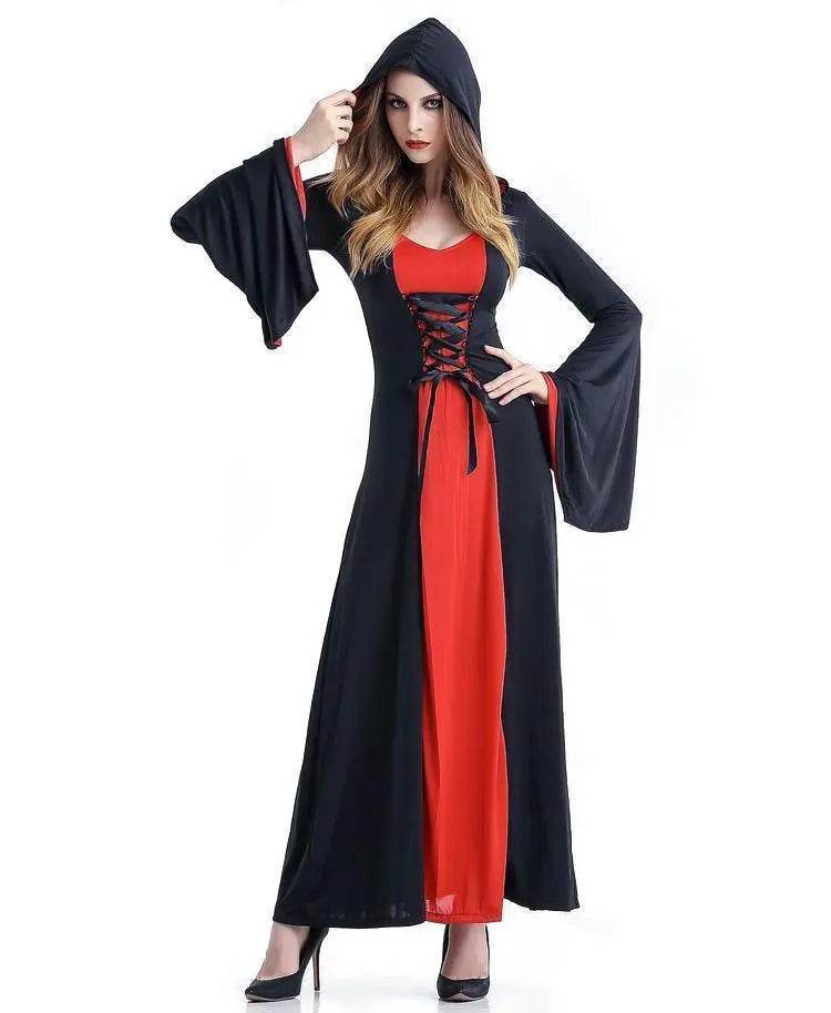 Women's Medieval Vintage Demon Hooded Witch Dress Cosplay Costume Halloween Renaissance Gothic - Ecosfun