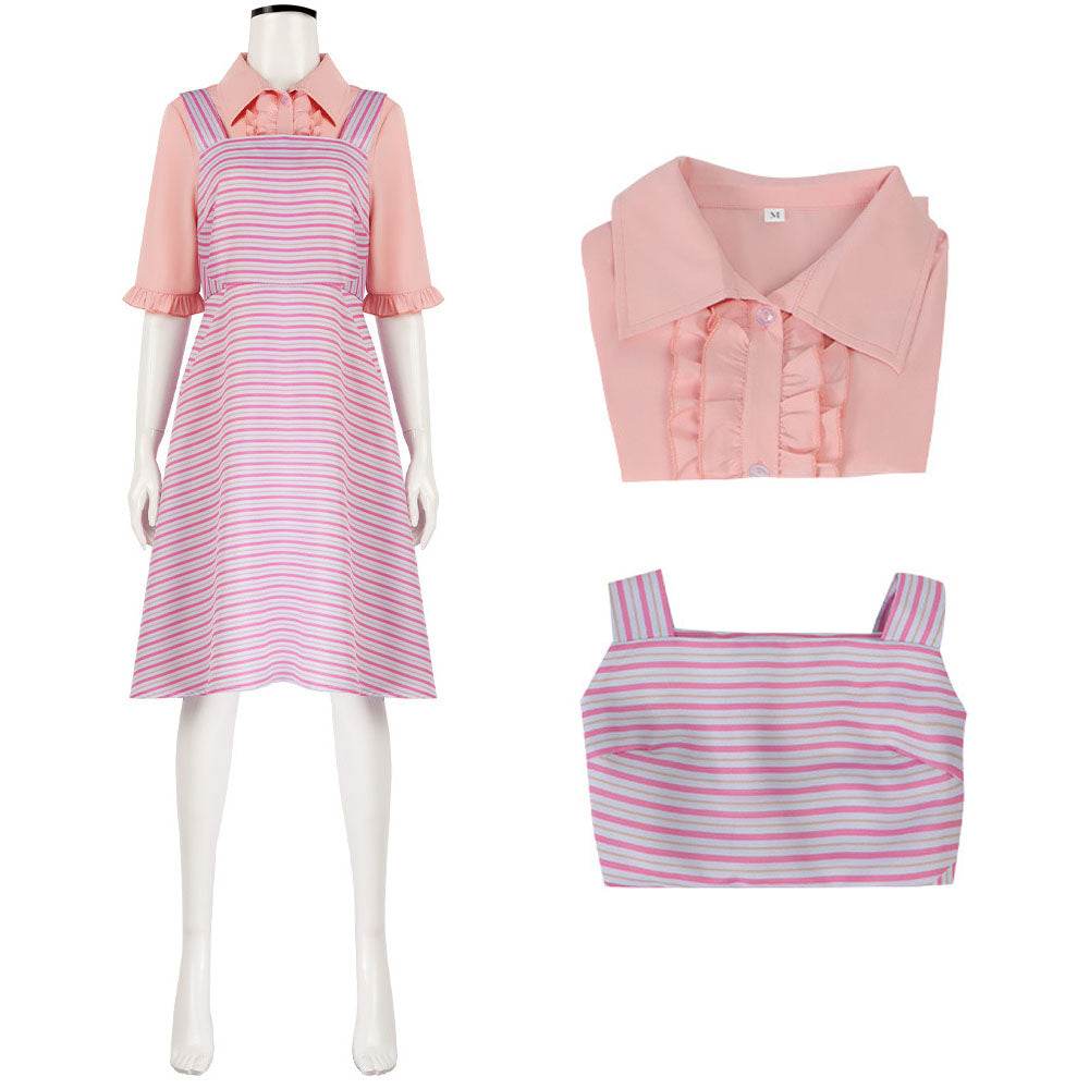Wicked Glinda Pink Women Stripe Dress Outfit Carnival Cosplay Costume - Ecosfun