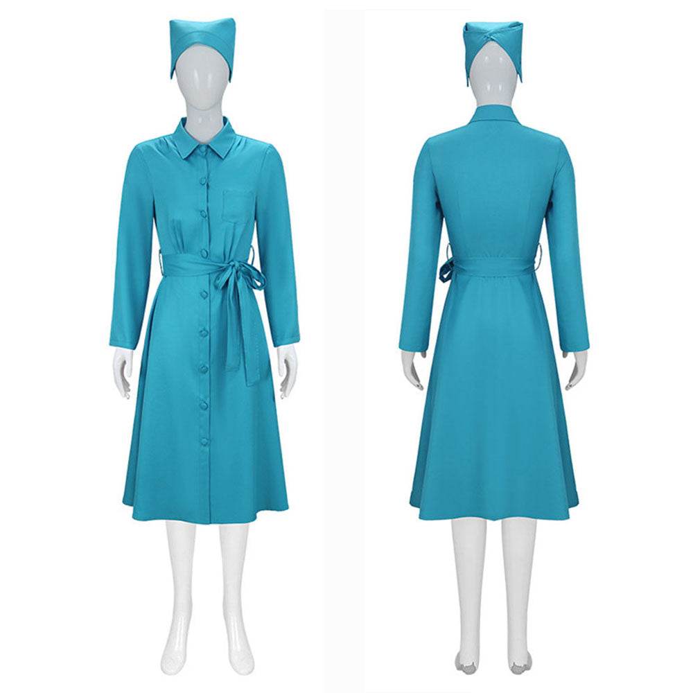 Ratched Cosplay Costume Blue Nurse Dress with Belt and Hat for Halloween - Ecosfun