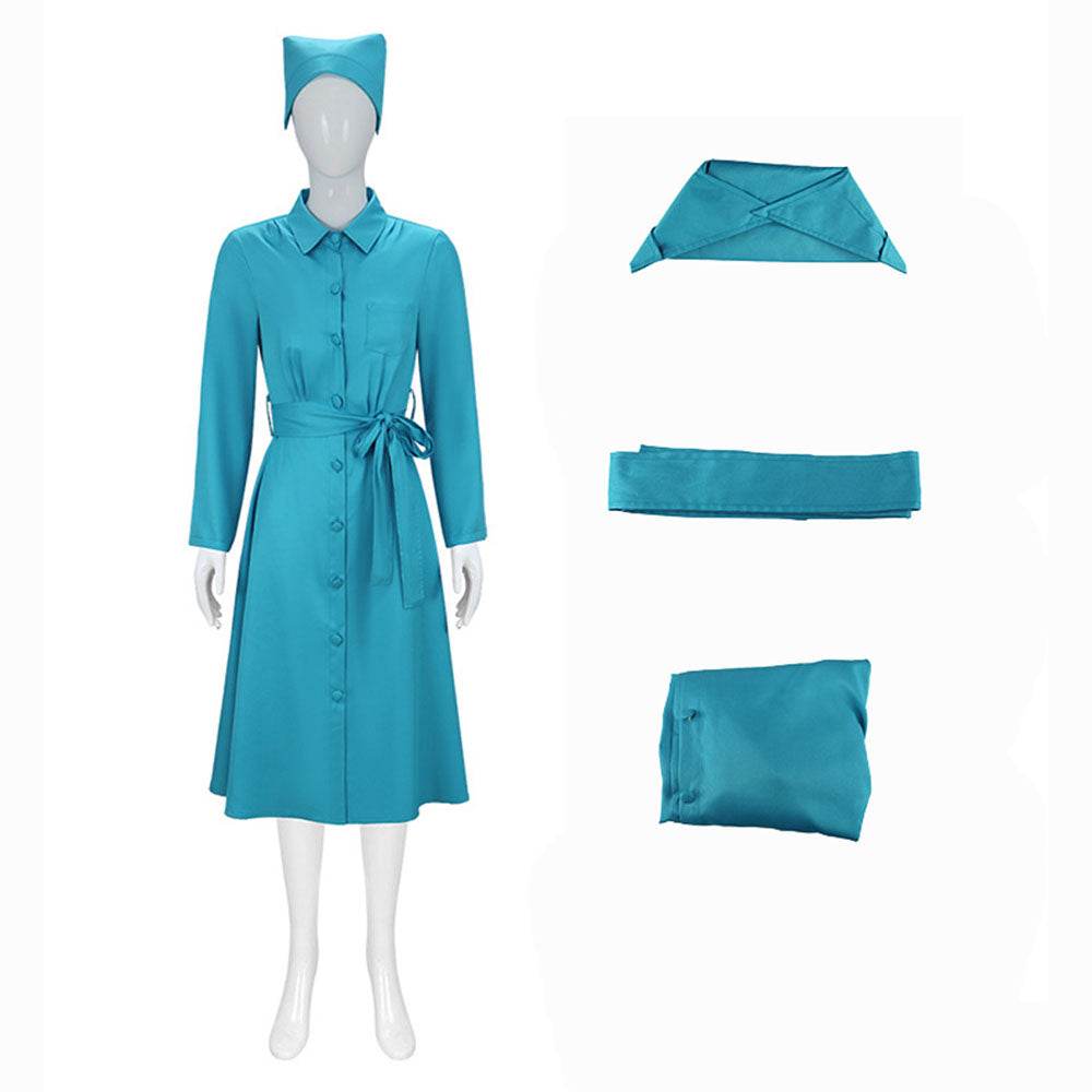 Ratched Cosplay Costume Blue Nurse Dress with Belt and Hat for Halloween - Ecosfun