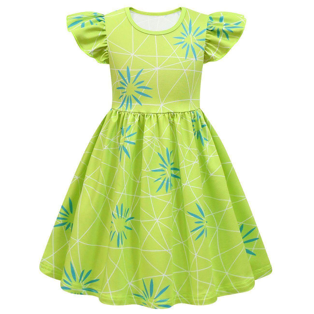 Inside Out Joy Cosplay Costume Dress for Girls Flutter Sleeve A Line Dress with Bag - Ecosfun
