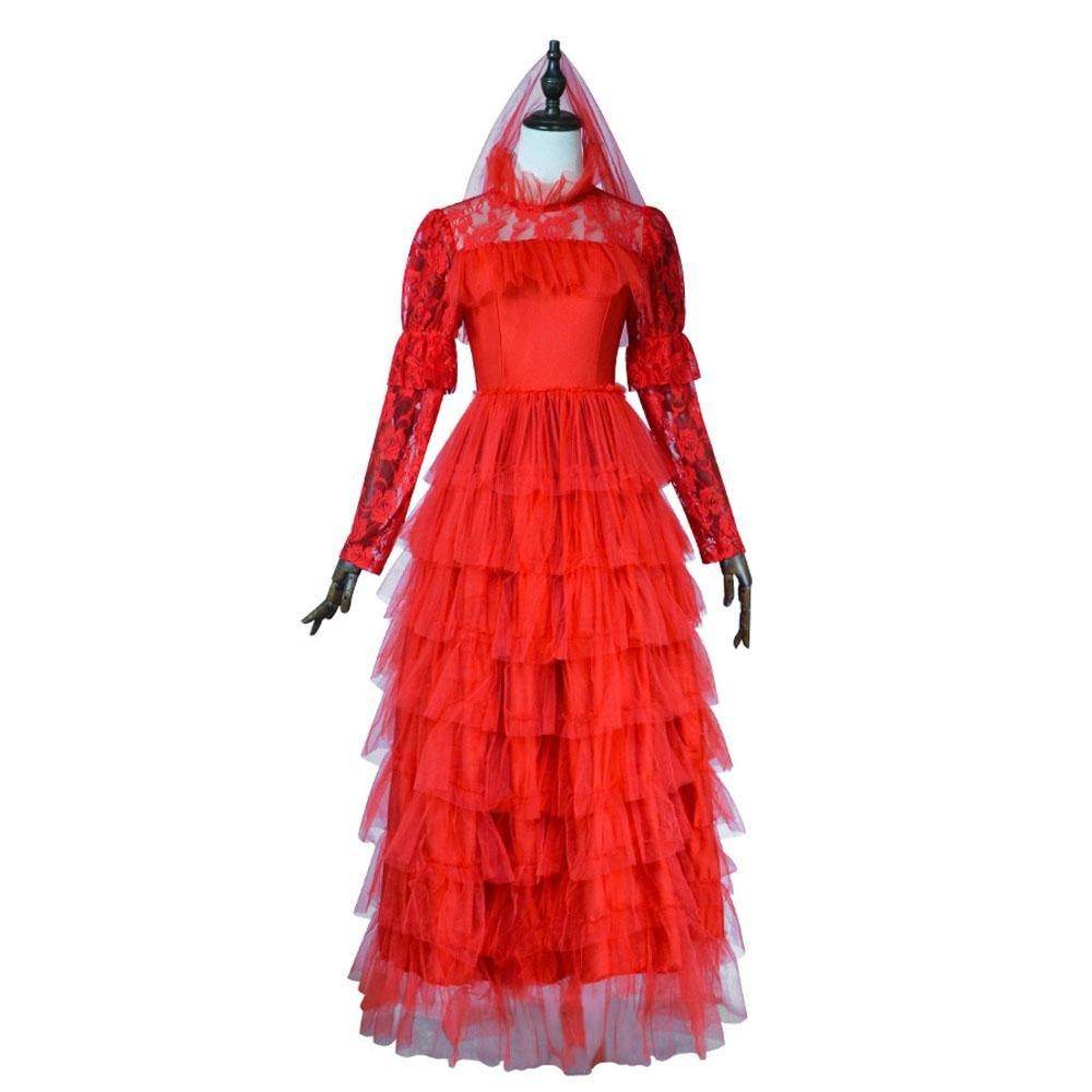 Lydia Deetz Wedding Red Dress Beetlejuice Costume For Women Halloween - Ecosfun
